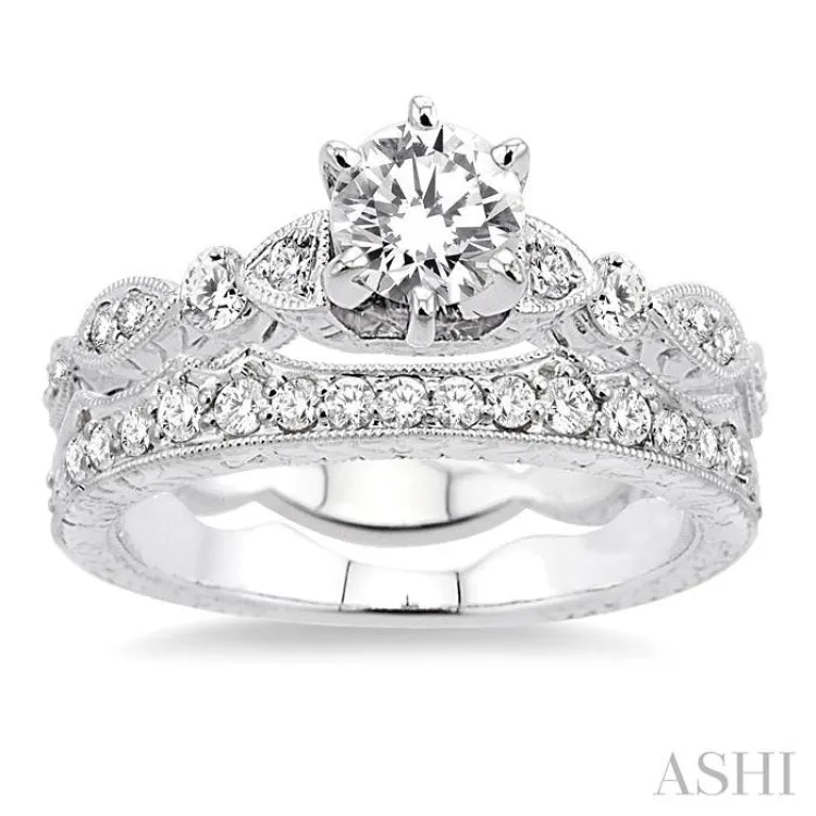 1 1/4 Ctw Diamond Wedding Set with 1 Ctw Round Cut Engagement Ring and 1/3 Ctw Wedding Band in 14K White Gold