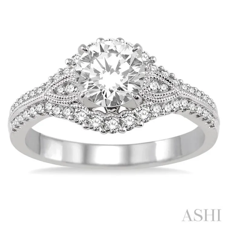 1 1/6 Ctw Diamond Engagement Ring with 3/4 Ct Round Cut Center Stone in 14K White Gold