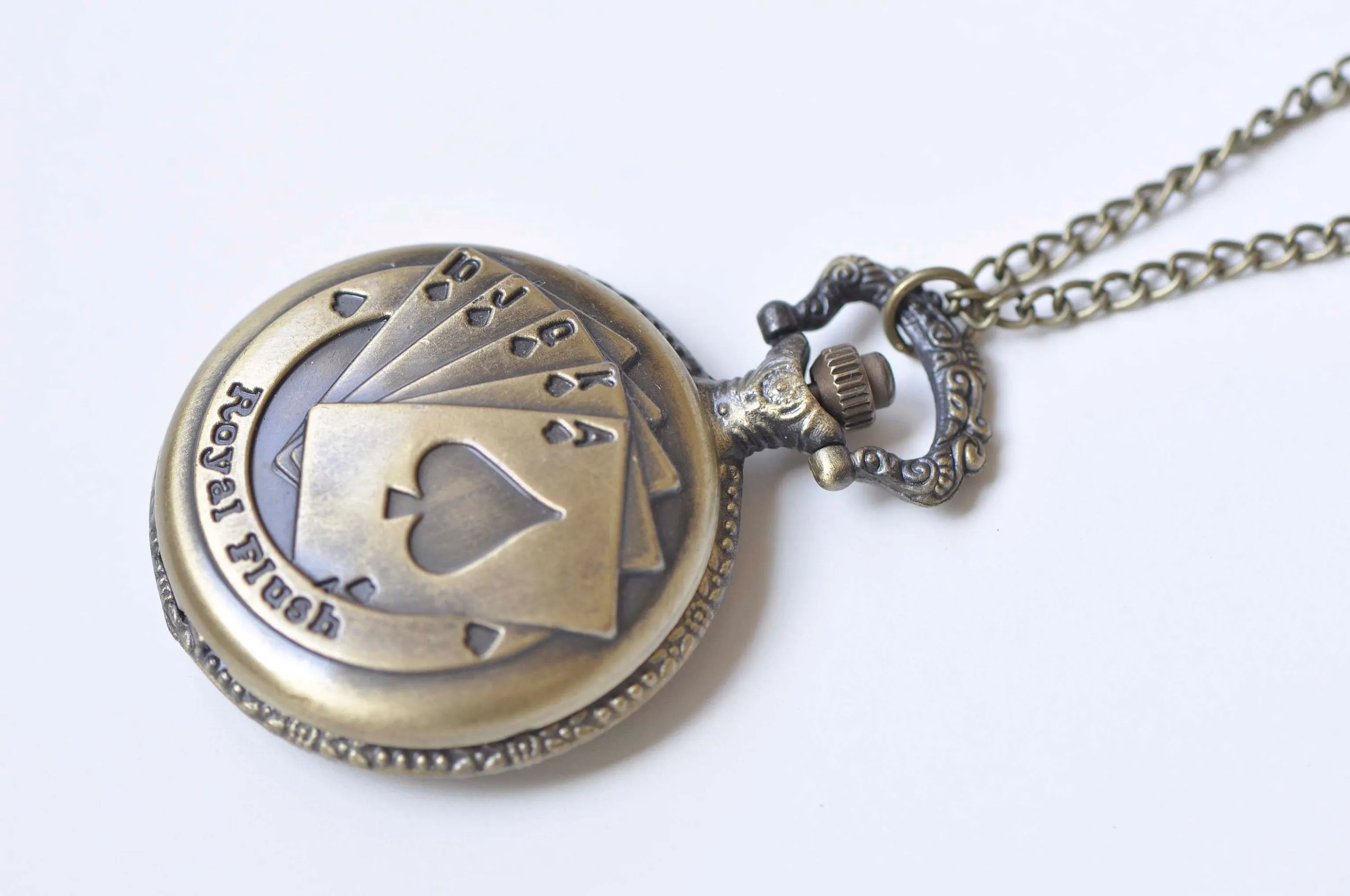 1 PC Antique Bronze Large Poker Pocket Watch Necklace A1328