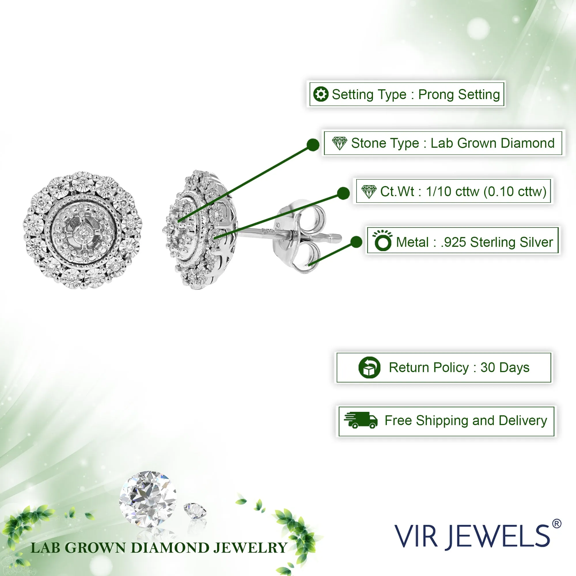 1/10 cttw Round Lab Grown Diamond Stud Earrings Round Studs for Her .925 Sterling Silver Prong Set