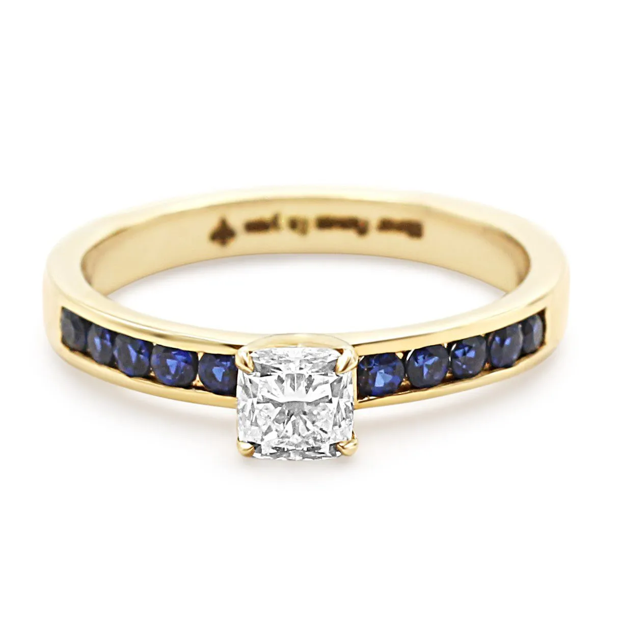 14ct Cushion Solitaire Diamond Ring with Sapphire Set Shoulders