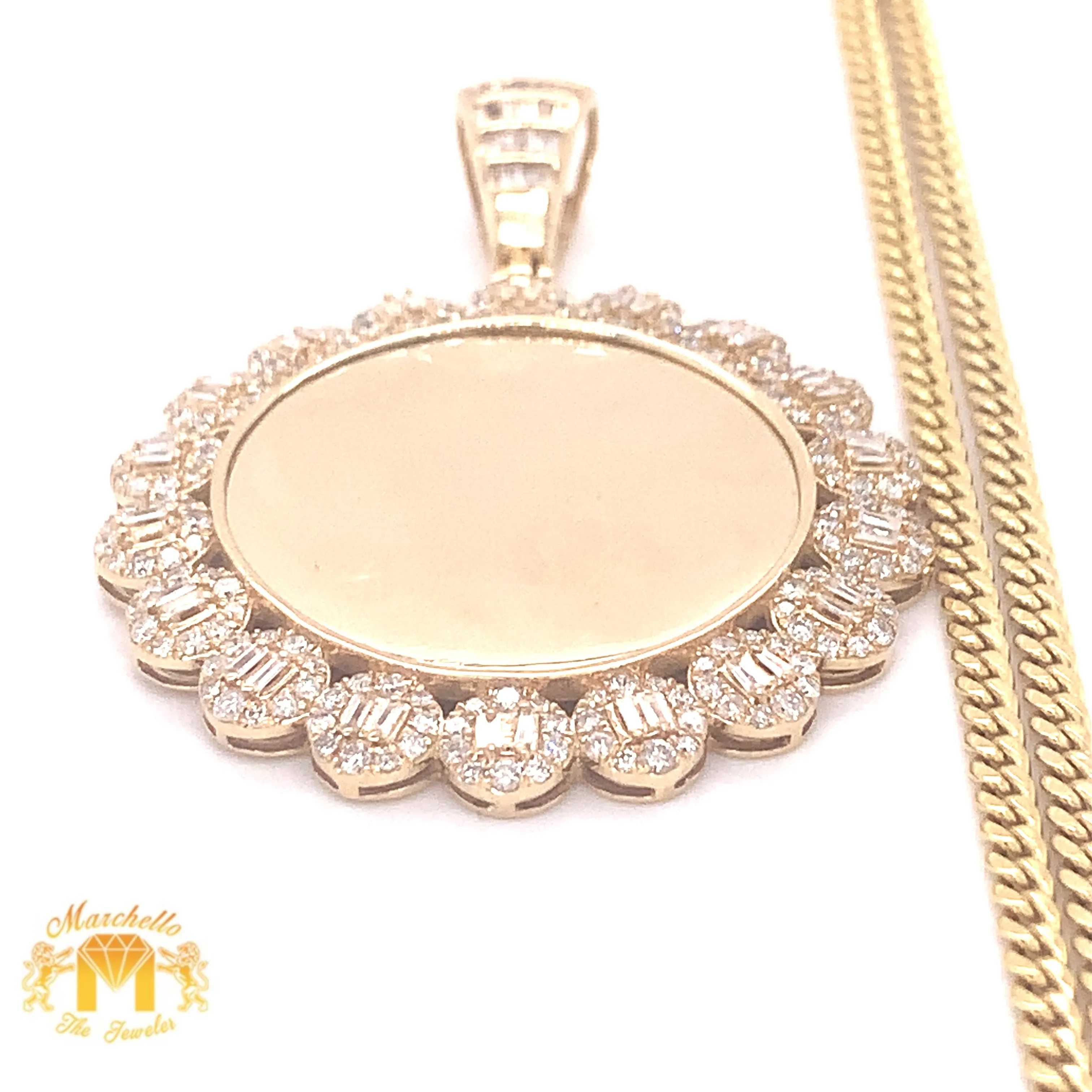 14k Gold Memory Picture Pendant with Round and Baguette Diamond & Gold Cuban Link Chain Set