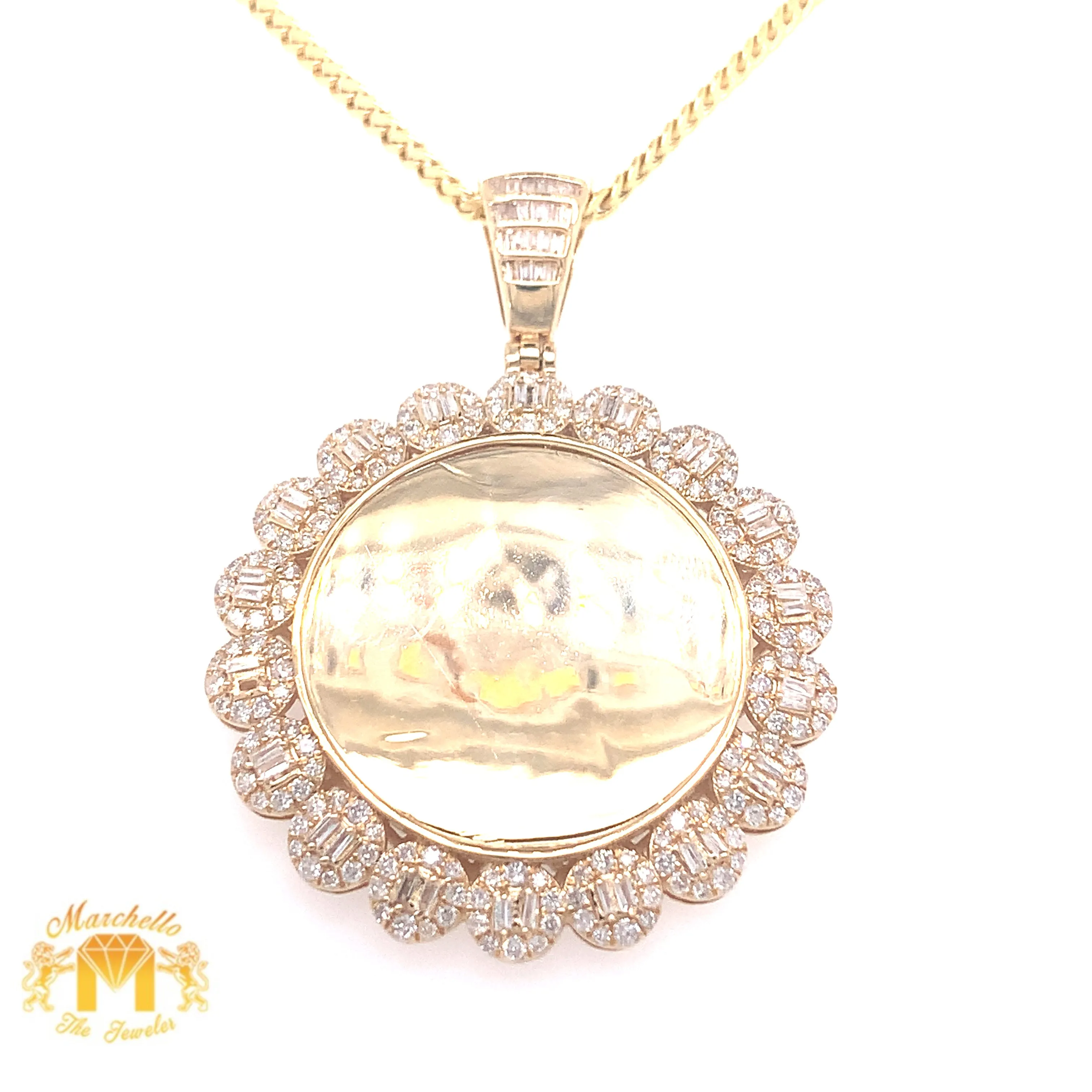 14k Gold Memory Picture Pendant with Round and Baguette Diamond & Gold Cuban Link Chain Set