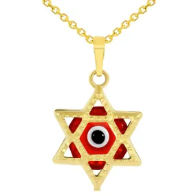 14k Gold Small Red Evil Eye Star of David Charm Pendant Necklace - Yellow Gold