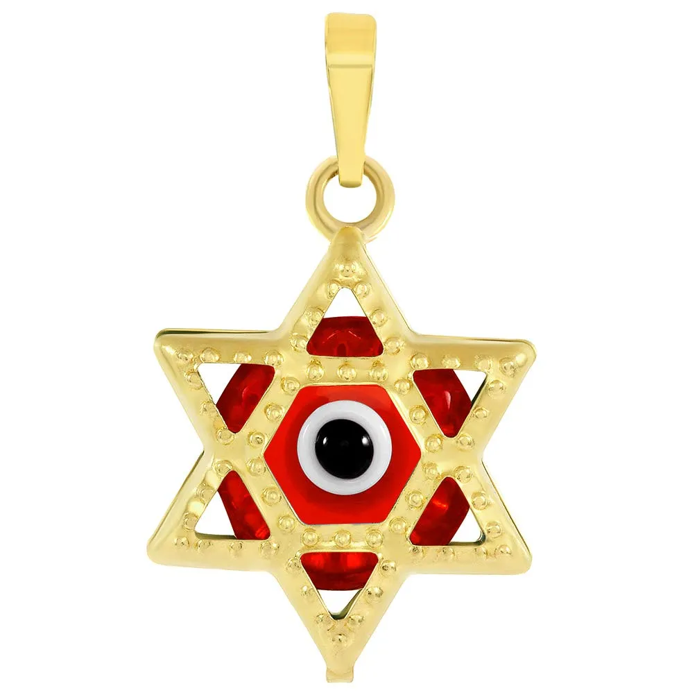 14k Gold Small Red Evil Eye Star of David Charm Pendant Necklace - Yellow Gold