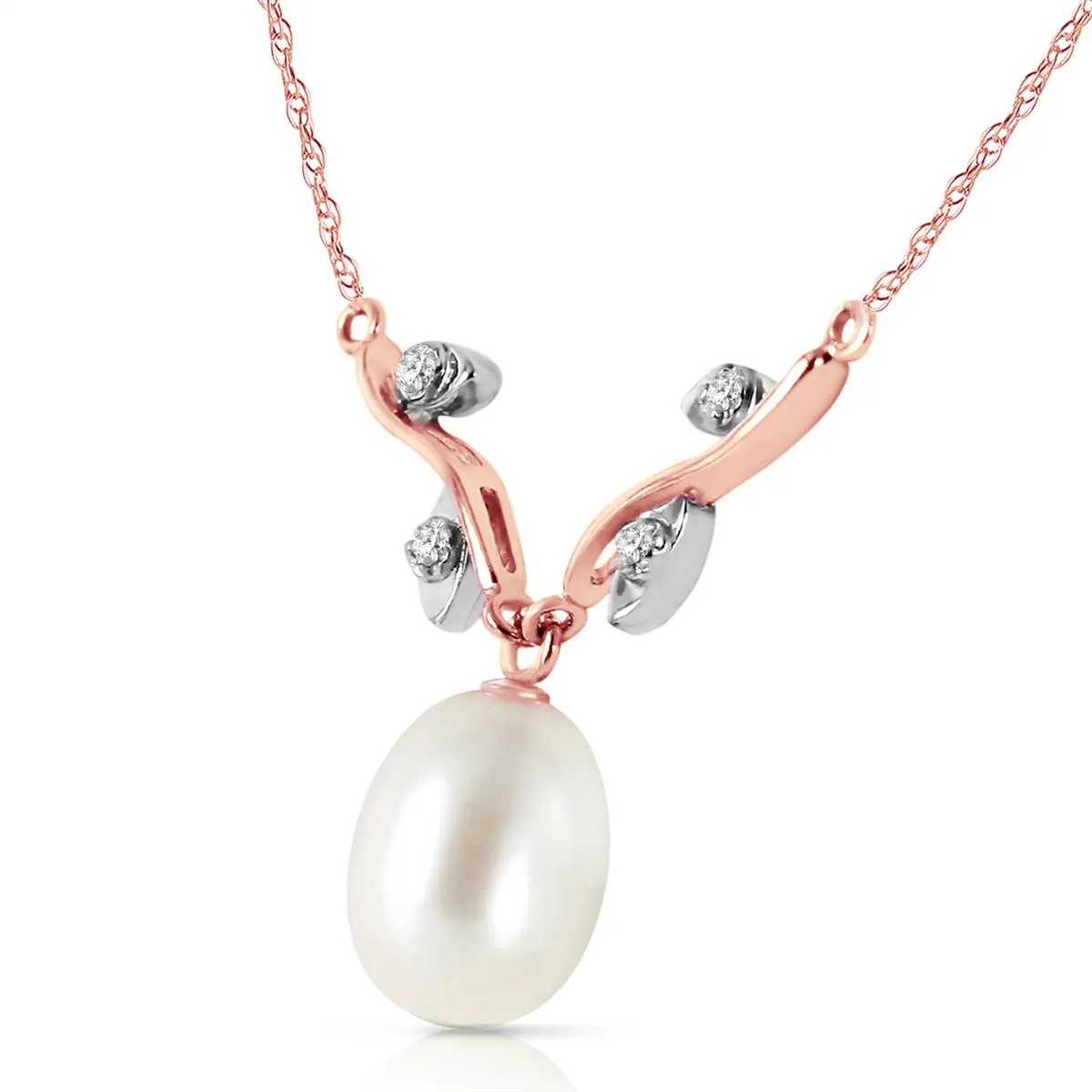 14K Solid Rose Gold Necklace w/ Natural Diamonds & Pearl