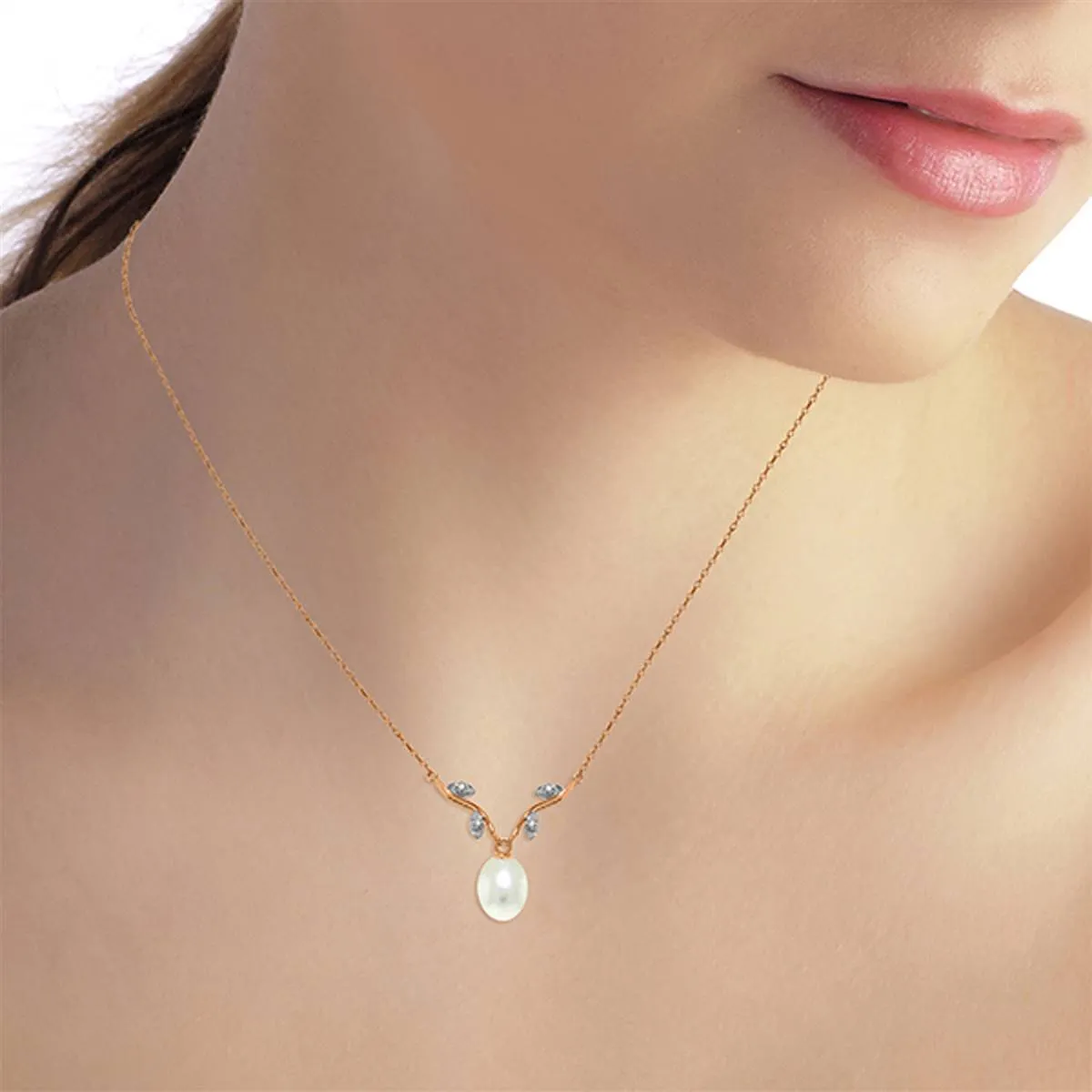 14K Solid Rose Gold Necklace w/ Natural Diamonds & Pearl