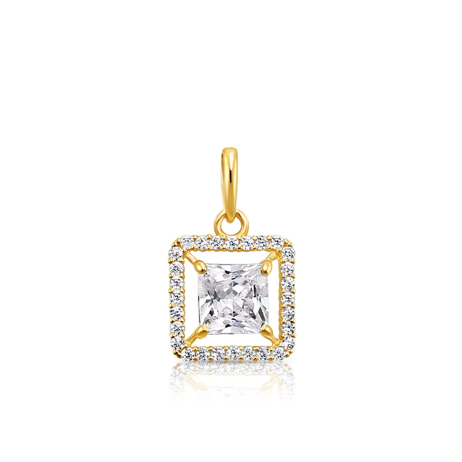14K Solid Yellow Gold Princess-Cut Halo CZ Pendant, With 18" Cable Chain Necklace