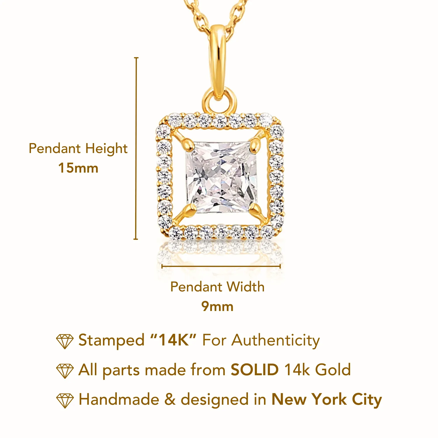 14K Solid Yellow Gold Princess-Cut Halo CZ Pendant, With 18" Cable Chain Necklace