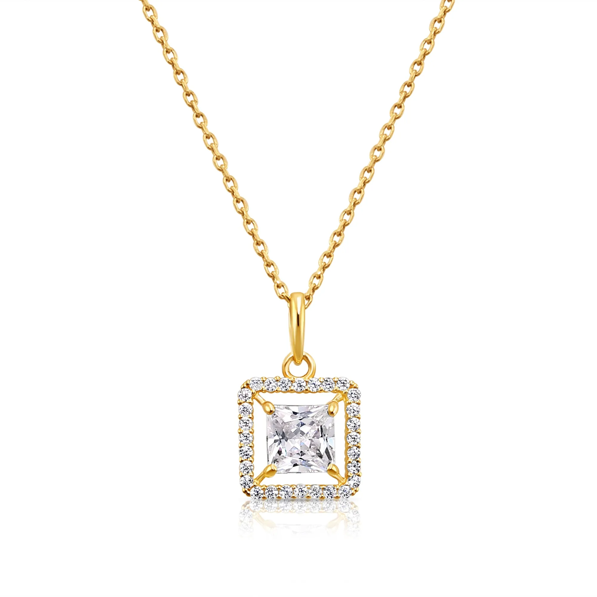 14K Solid Yellow Gold Princess-Cut Halo CZ Pendant, With 18" Cable Chain Necklace