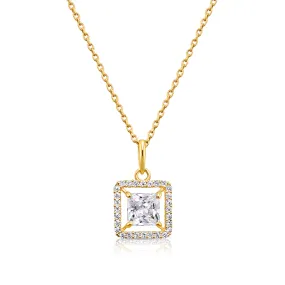 14K Solid Yellow Gold Princess-Cut Halo CZ Pendant, With 18" Cable Chain Necklace