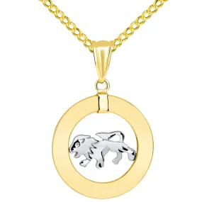 14k Two Tone Gold Open Circle Leo Zodiac Sign Pendant Cuban Necklace