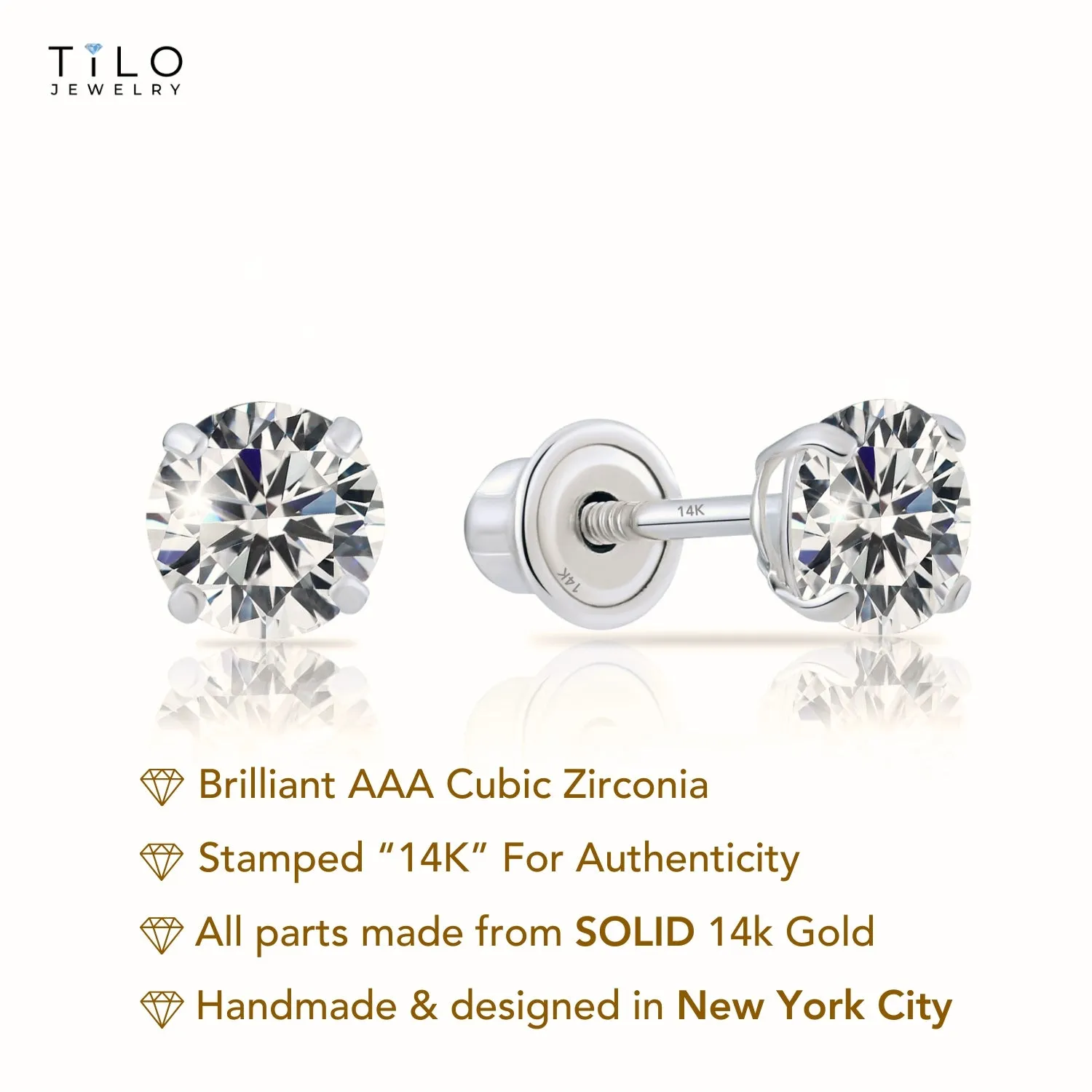 14k White Gold Classic Solitaire Stud Earrings, Screwback, #42677