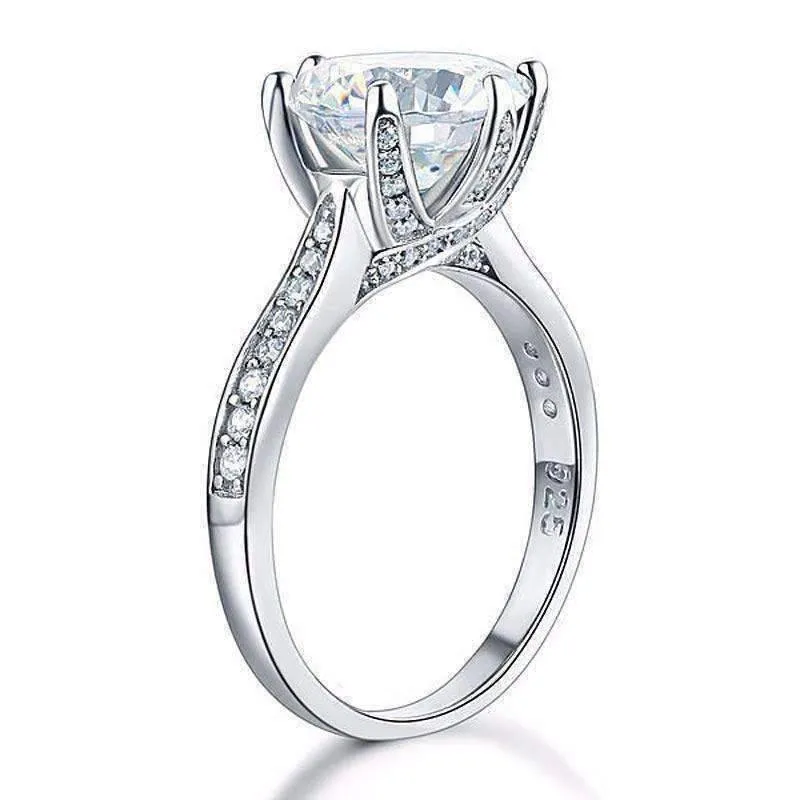 14K White Gold Plated Lavish Fire 3CT Simulated White Sapphire Triple Pavé Trellis Cathedral Solitaire Solid Sterling Silver Ring for Woman Special Occasion Bridal Engagement Anniversary