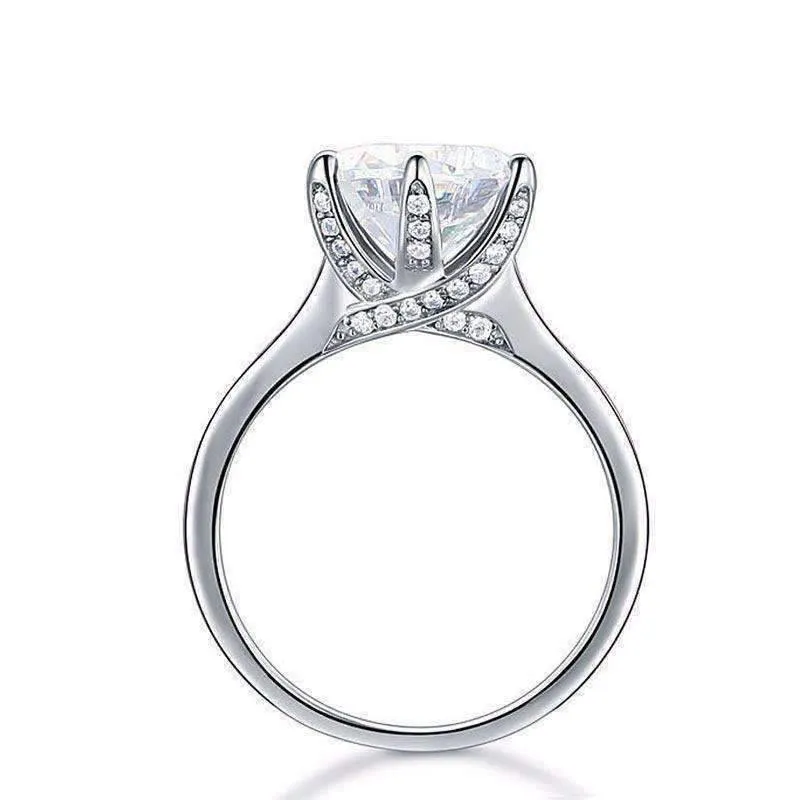 14K White Gold Plated Lavish Fire 3CT Simulated White Sapphire Triple Pavé Trellis Cathedral Solitaire Solid Sterling Silver Ring for Woman Special Occasion Bridal Engagement Anniversary