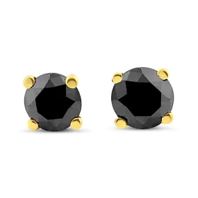 14K Yellow Gold 3/4 Cttw Treated Black Diamond Screw-Back 4-Prong Classic Stud Earrings (Black Color, I2-I3 Clarity)