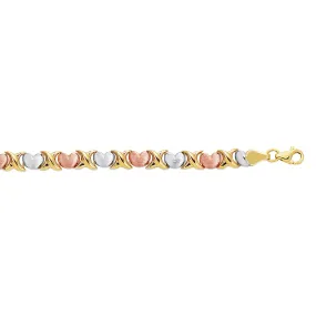 14kt 7.25 inches Yellow White Rose Gold Textured Shiny Tri Color Hugs Kisses Bracelet with Pear Shape Clasp