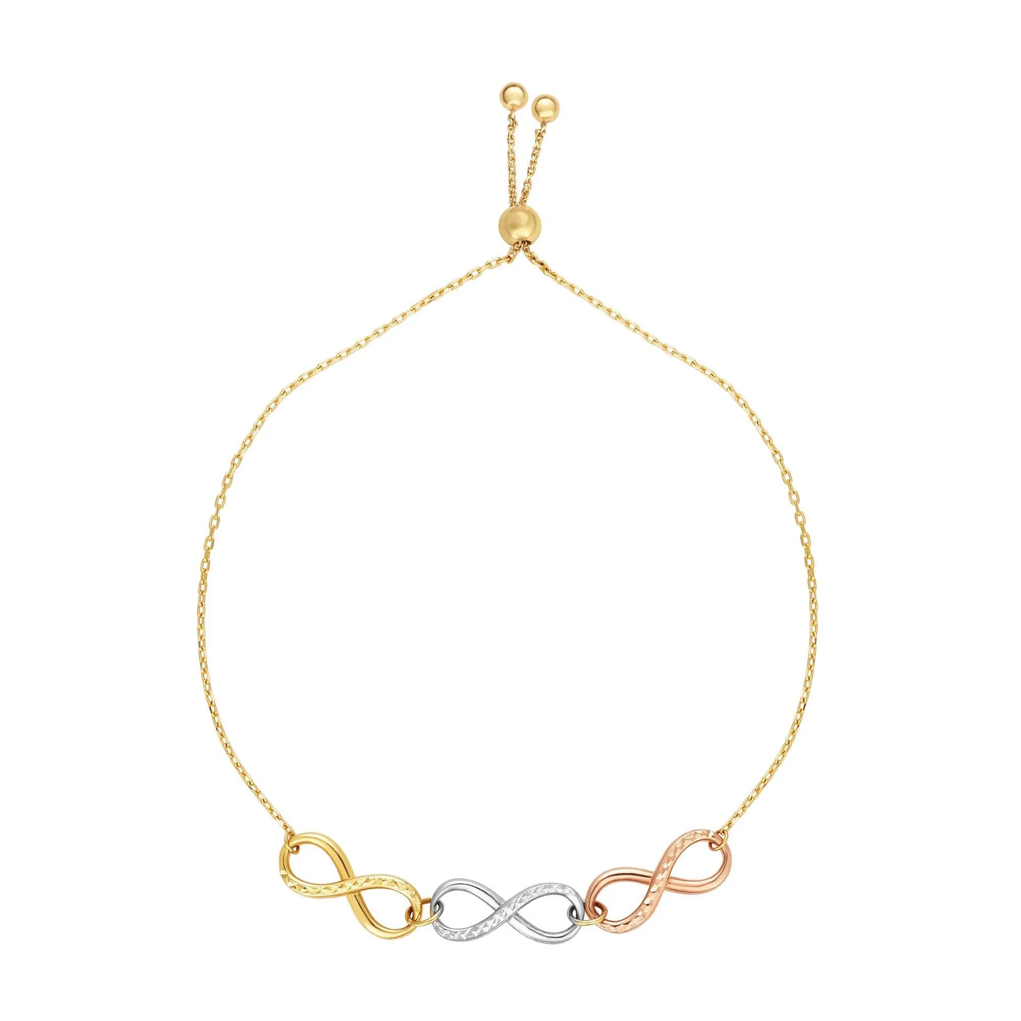 14kt Gold 9.25 inches Rose Yellow White Finish 5.7mm Shiny Diamond Cut Fancy Adjustable Infinity Bracelet with Draw String Clasp