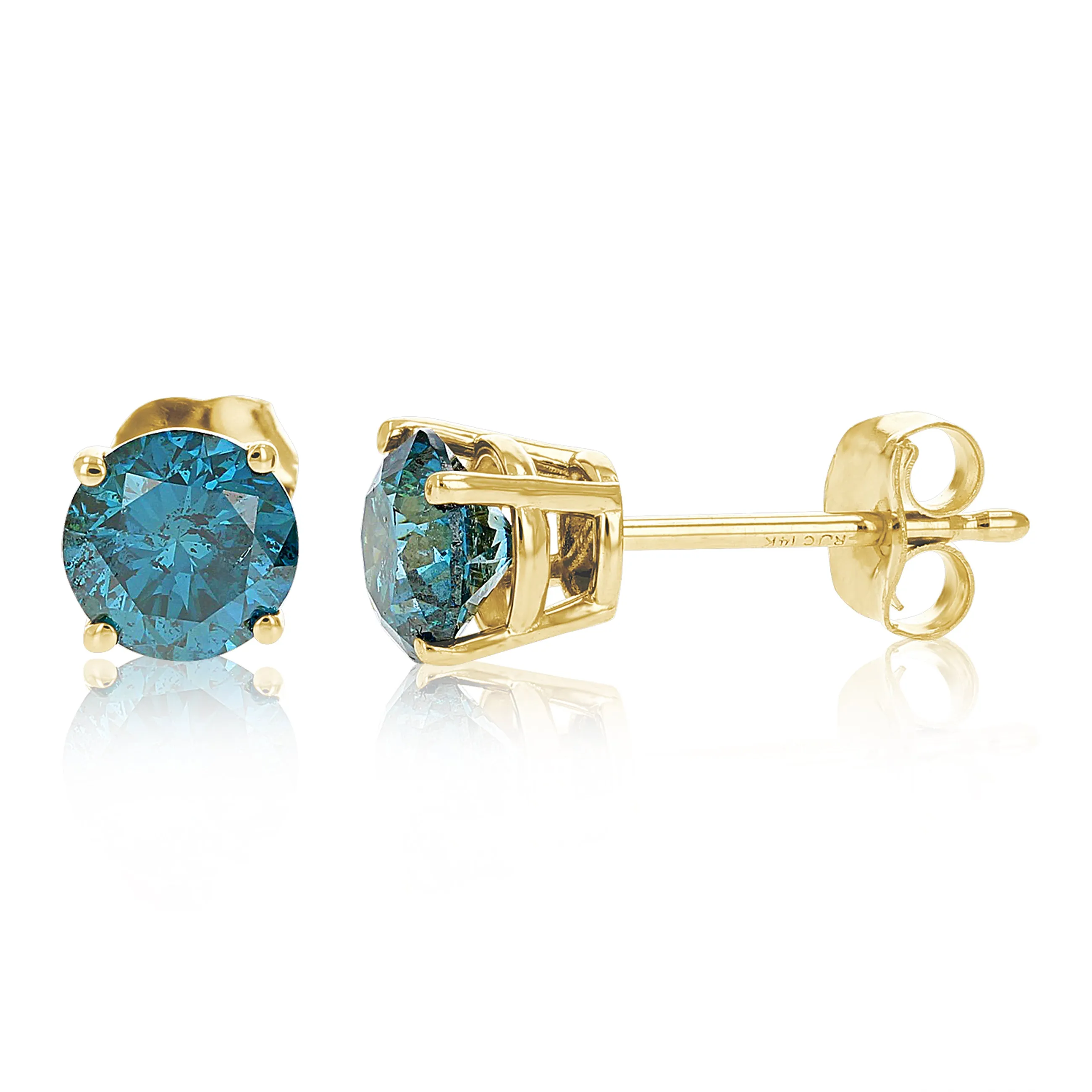 1.50 cttw Blue Diamond Stud Earrings 14k Yellow Gold Round Shape with Push Backs