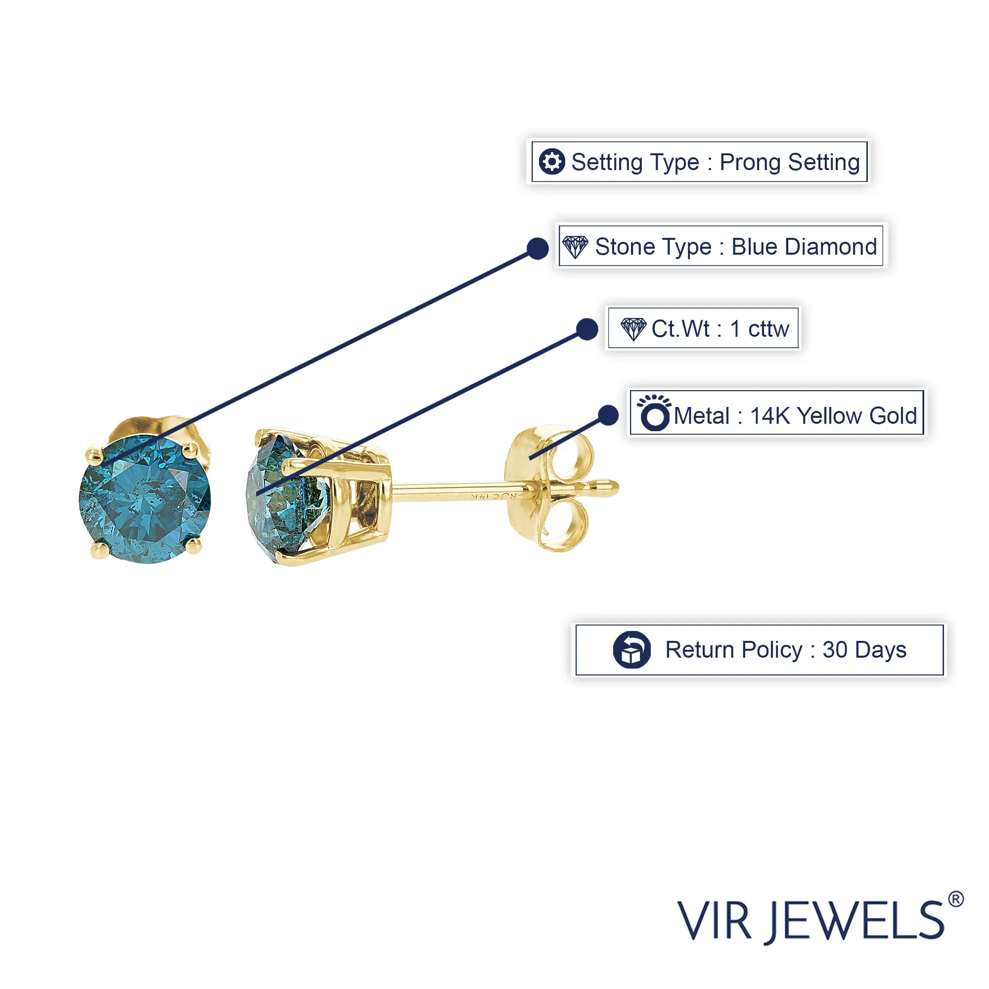 1.50 cttw Blue Diamond Stud Earrings 14k Yellow Gold Round Shape with Push Backs