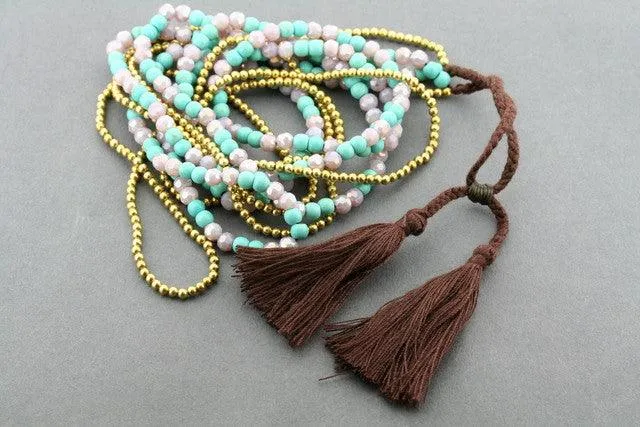 2 strand brass & turquoise tassle necklace