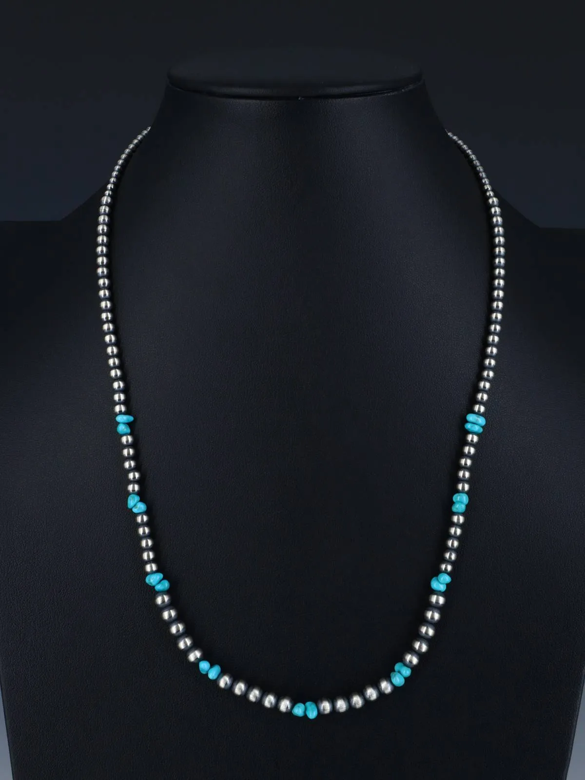 22" Native American Turquoise and Sterling Silver Beaded Necklace
