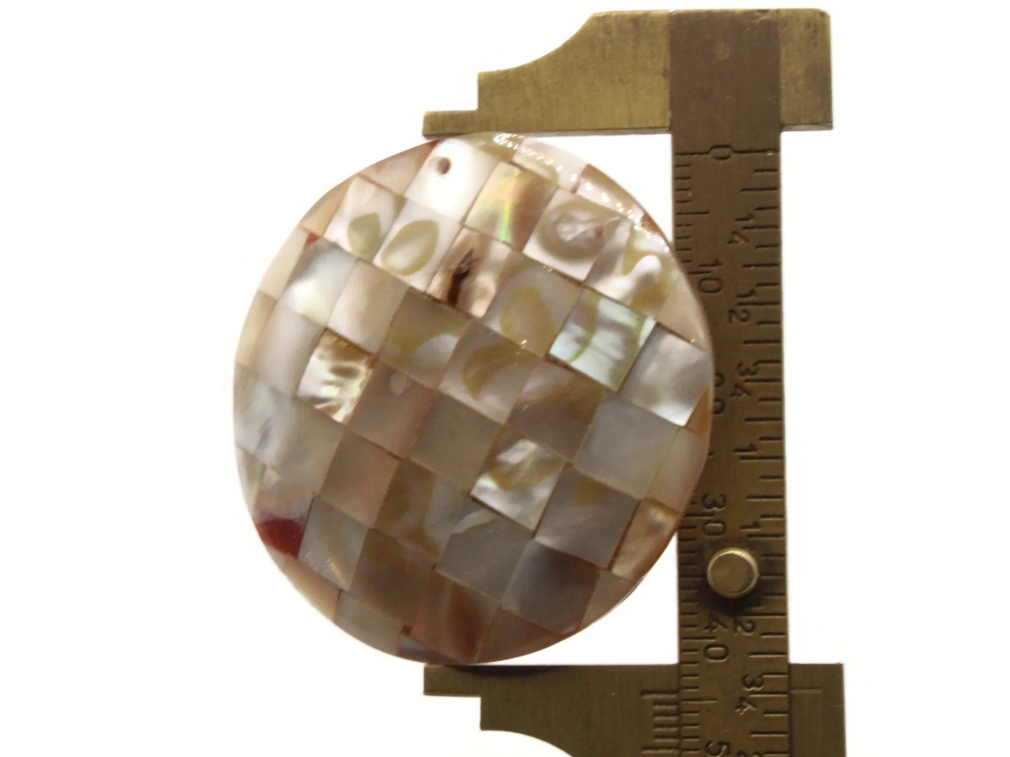 44mm Cream and Brown Natural Checkerboard Shell Pendant Round Coin Bead Jewelry Making Beading Supplies