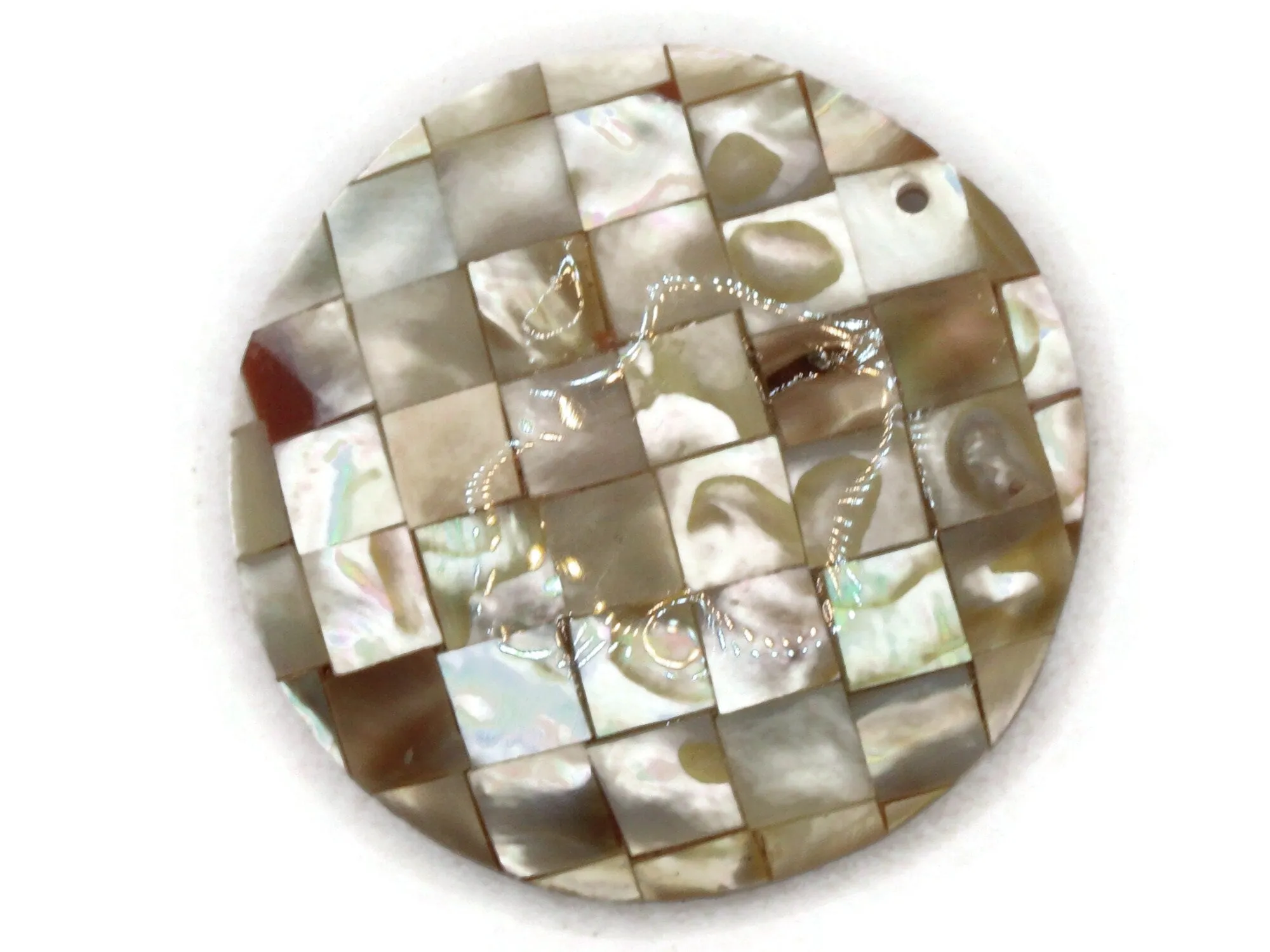 44mm Cream and Brown Natural Checkerboard Shell Pendant Round Coin Bead Jewelry Making Beading Supplies