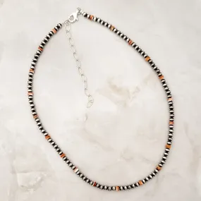 4mm Navajo Pearls & Orange Spiny Oyster Necklace Sterling Silver