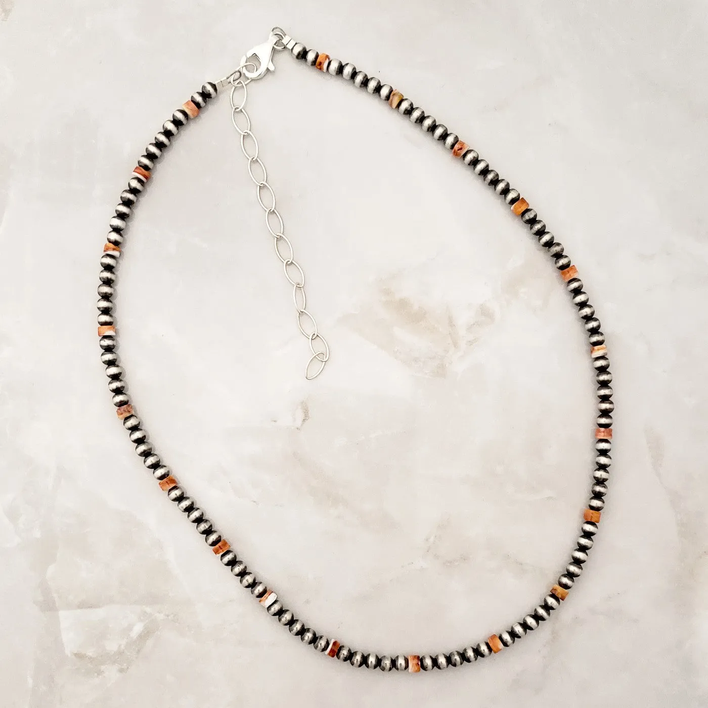 4mm Navajo Pearls & Orange Spiny Oyster Necklace Sterling Silver