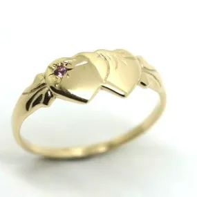 9ct Yellow Gold 375 Amethyst (Birthstone Of February) Double Heart Signet Ring Sizes P, Q, R, S, T