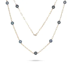Adjustable 34-35" Tahitian Black Pearl Paperclip Chain Necklace in Gold - 10-11mm