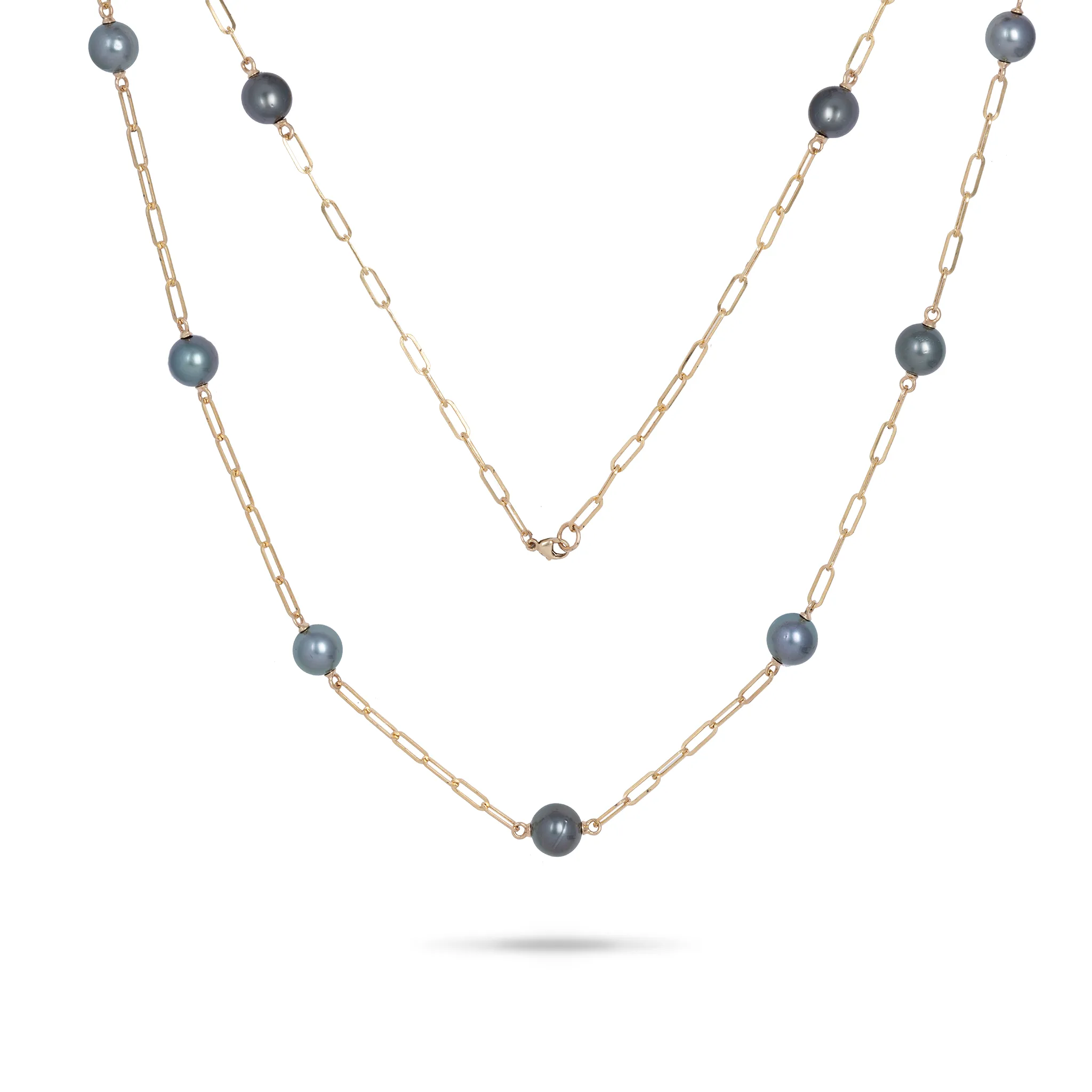 Adjustable 34-35" Tahitian Black Pearl Paperclip Chain Necklace in Gold - 10-11mm