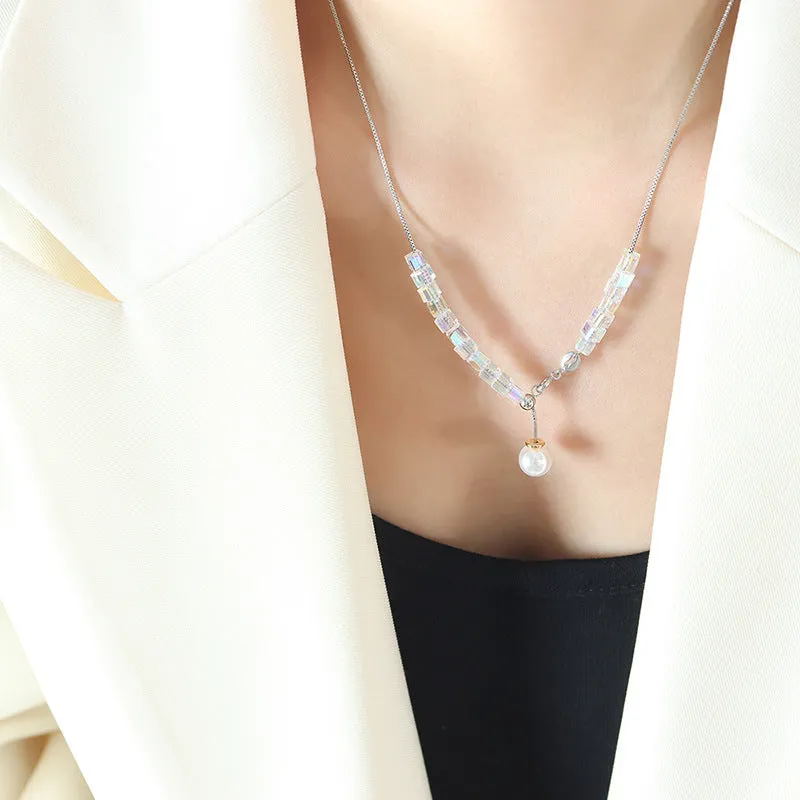 Adjustable Blue Crystal Pearl Drop Y Necklace