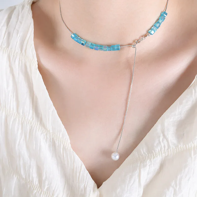 Adjustable Blue Crystal Pearl Drop Y Necklace