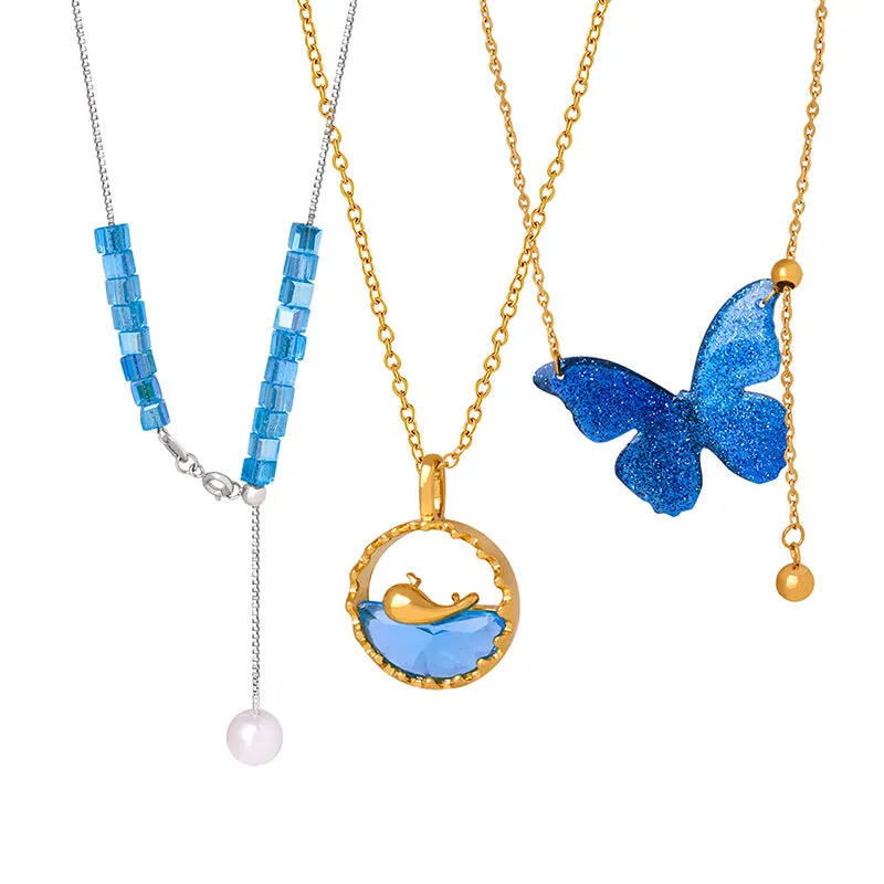 Adjustable Blue Crystal Pearl Drop Y Necklace