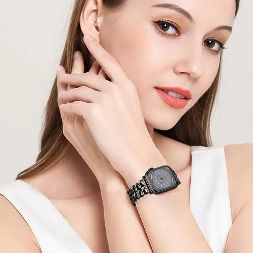 Aniaboho Compatible with Dressy Designer Apple Watch Bands for Women Men 44mm 45mm 49mm 42mm, Chain Leather iWatch Bands for Apple Watch Ultra 2 1 SE Series 9 8 7 6 5 4 3 Band(Rose Gold/Black Leather)