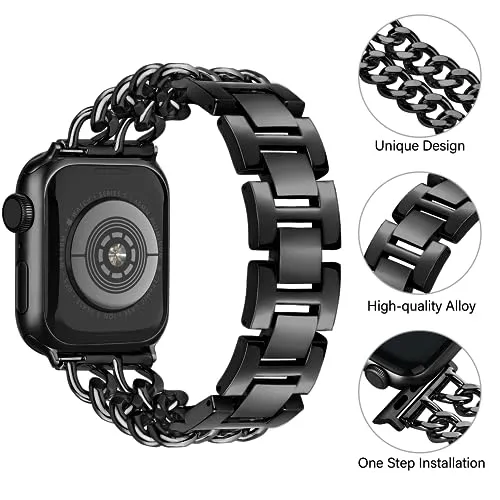 Aniaboho Compatible with Dressy Designer Apple Watch Bands for Women Men 44mm 45mm 49mm 42mm, Chain Leather iWatch Bands for Apple Watch Ultra 2 1 SE Series 9 8 7 6 5 4 3 Band(Rose Gold/Black Leather)