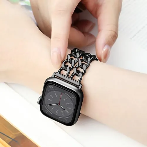 Aniaboho Compatible with Dressy Designer Apple Watch Bands for Women Men 44mm 45mm 49mm 42mm, Chain Leather iWatch Bands for Apple Watch Ultra 2 1 SE Series 9 8 7 6 5 4 3 Band(Rose Gold/Black Leather)