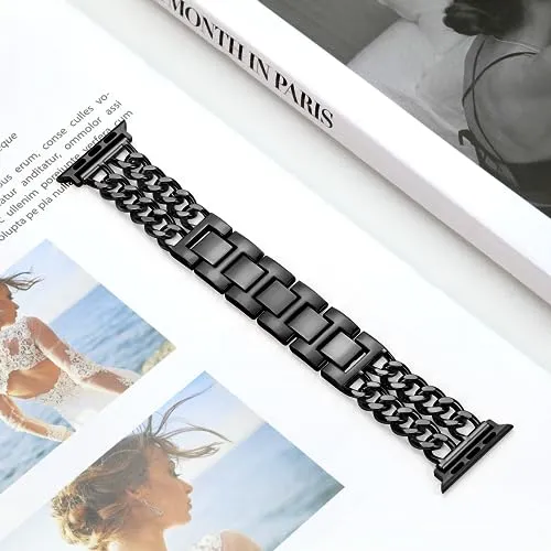 Aniaboho Compatible with Dressy Designer Apple Watch Bands for Women Men 44mm 45mm 49mm 42mm, Chain Leather iWatch Bands for Apple Watch Ultra 2 1 SE Series 9 8 7 6 5 4 3 Band(Rose Gold/Black Leather)