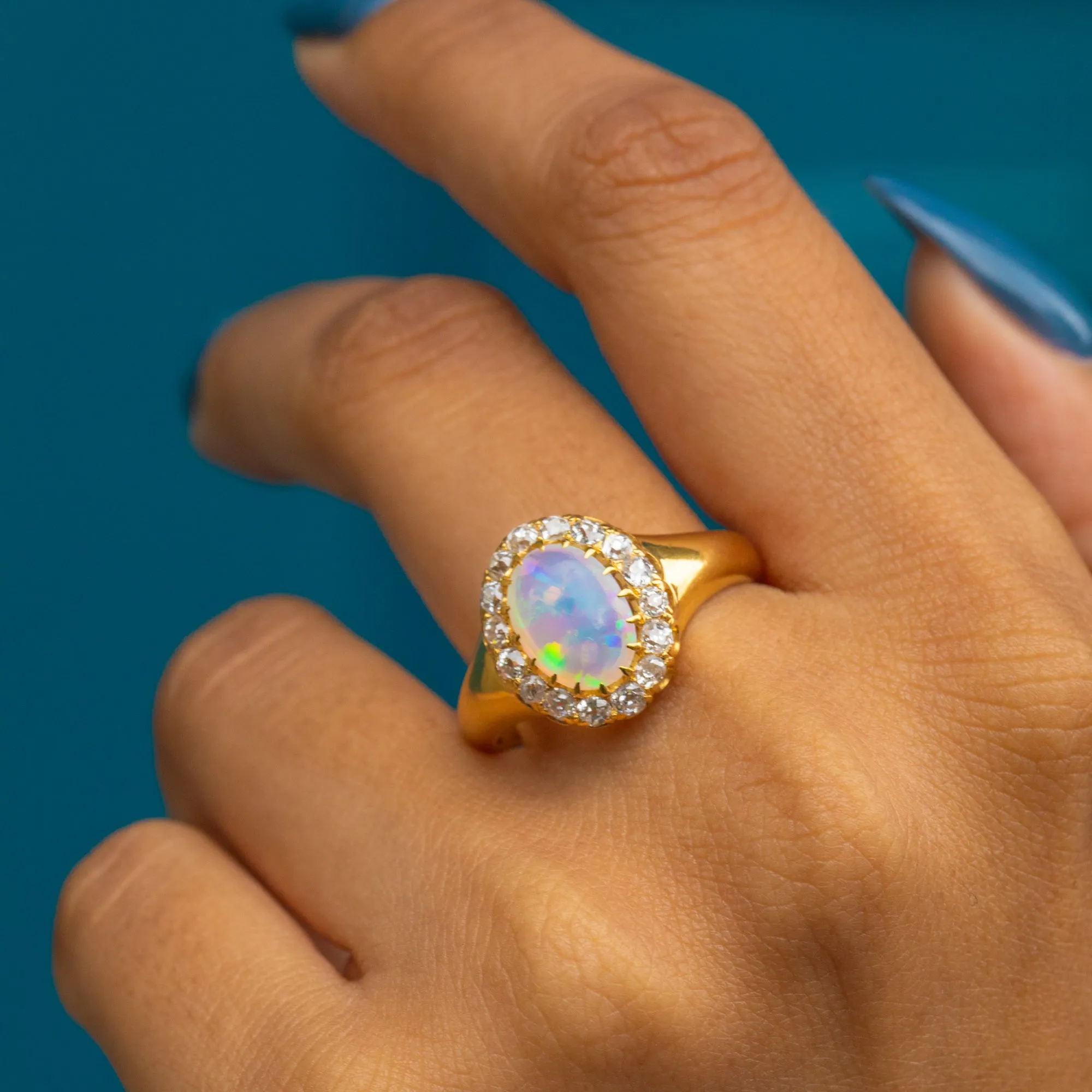 Antique 18ct Gold Opal Diamond Cluster Ring, 2.50ct Opal.