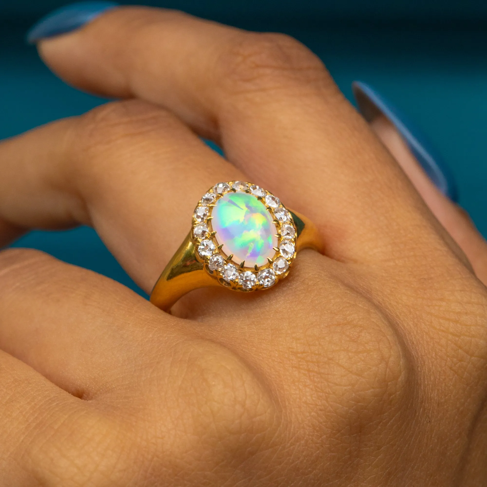 Antique 18ct Gold Opal Diamond Cluster Ring, 2.50ct Opal.