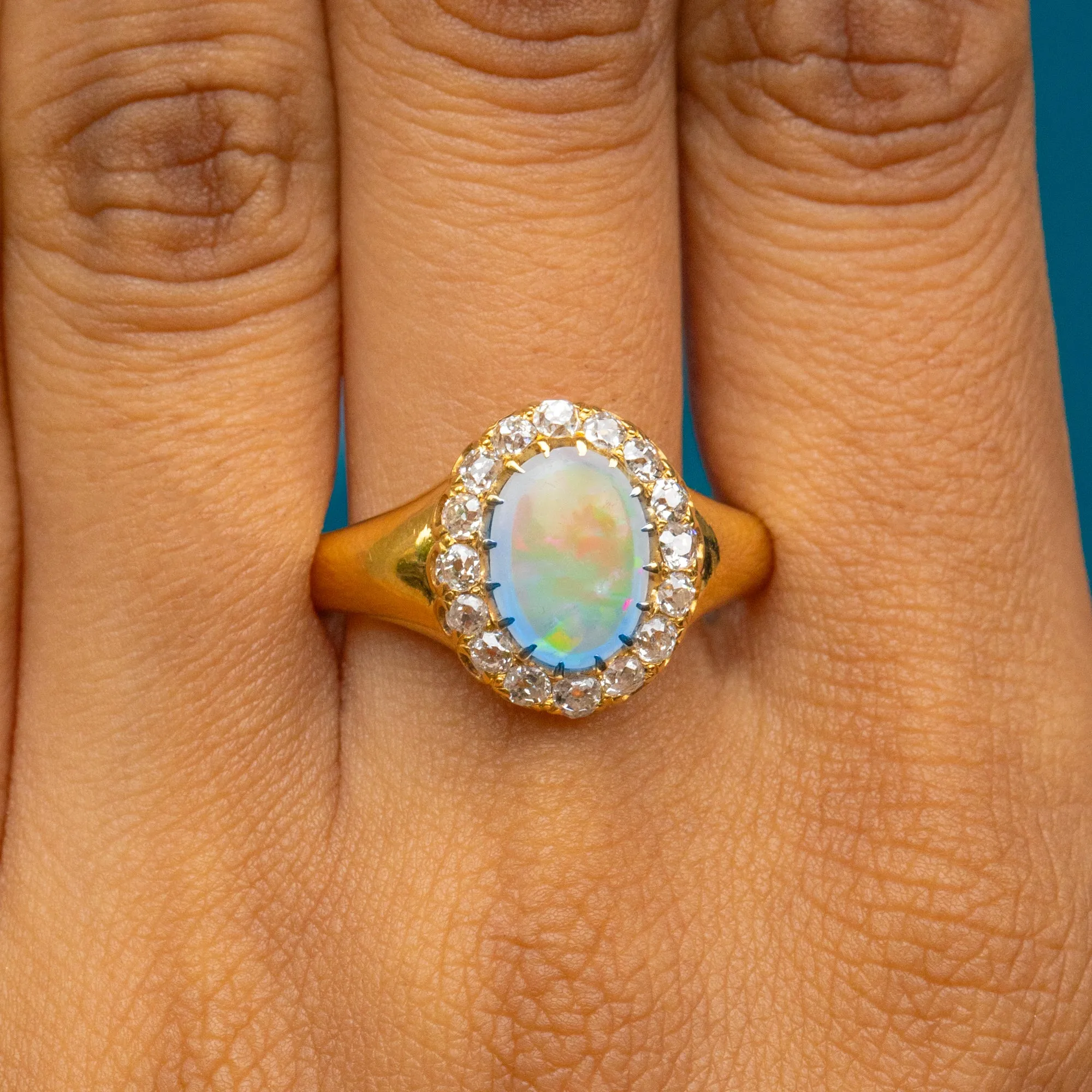 Antique 18ct Gold Opal Diamond Cluster Ring, 2.50ct Opal.