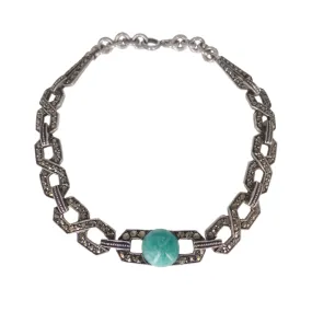 Antique Art Deco Silver Amazonite Marcasite Geometric Bracelet