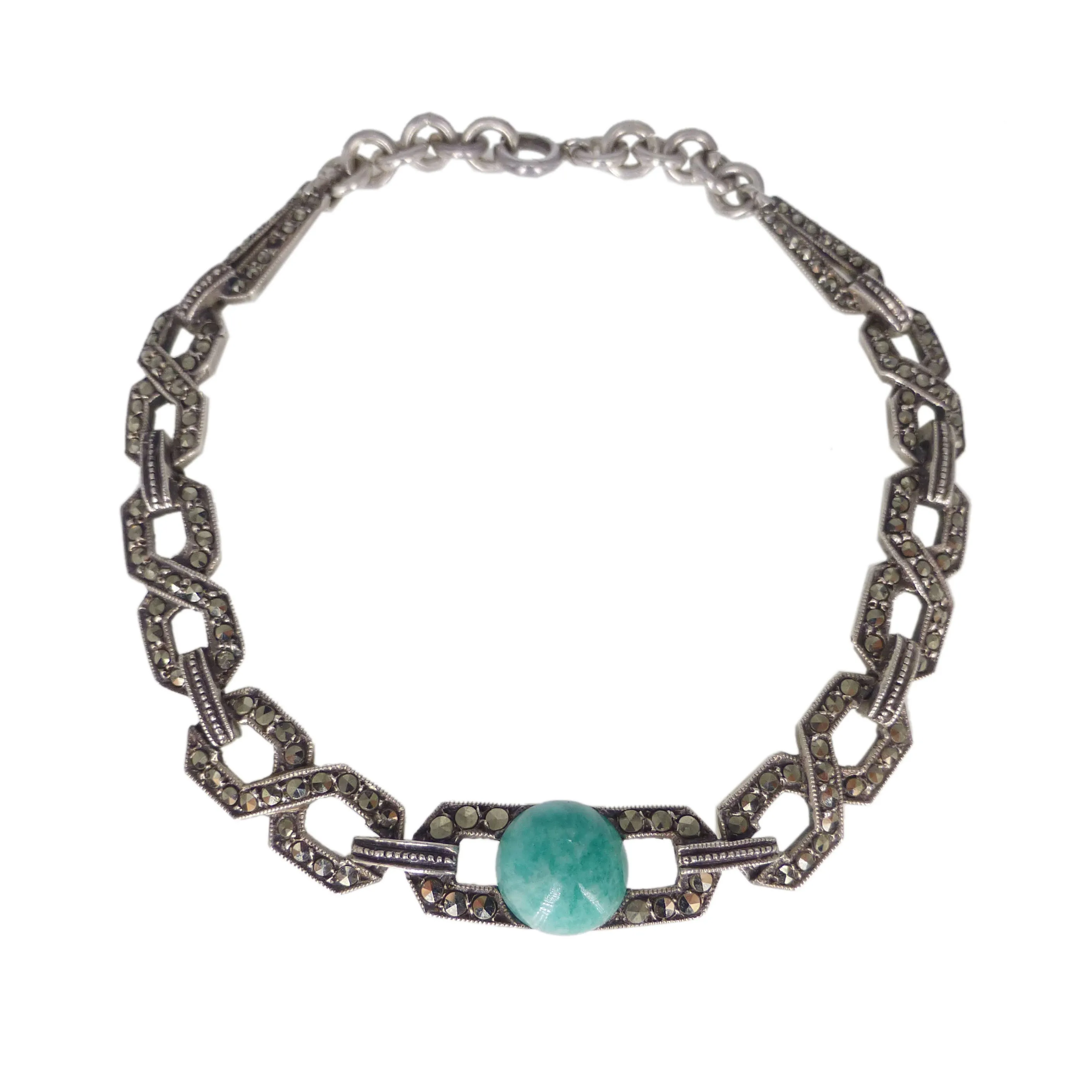 Antique Art Deco Silver Amazonite Marcasite Geometric Bracelet