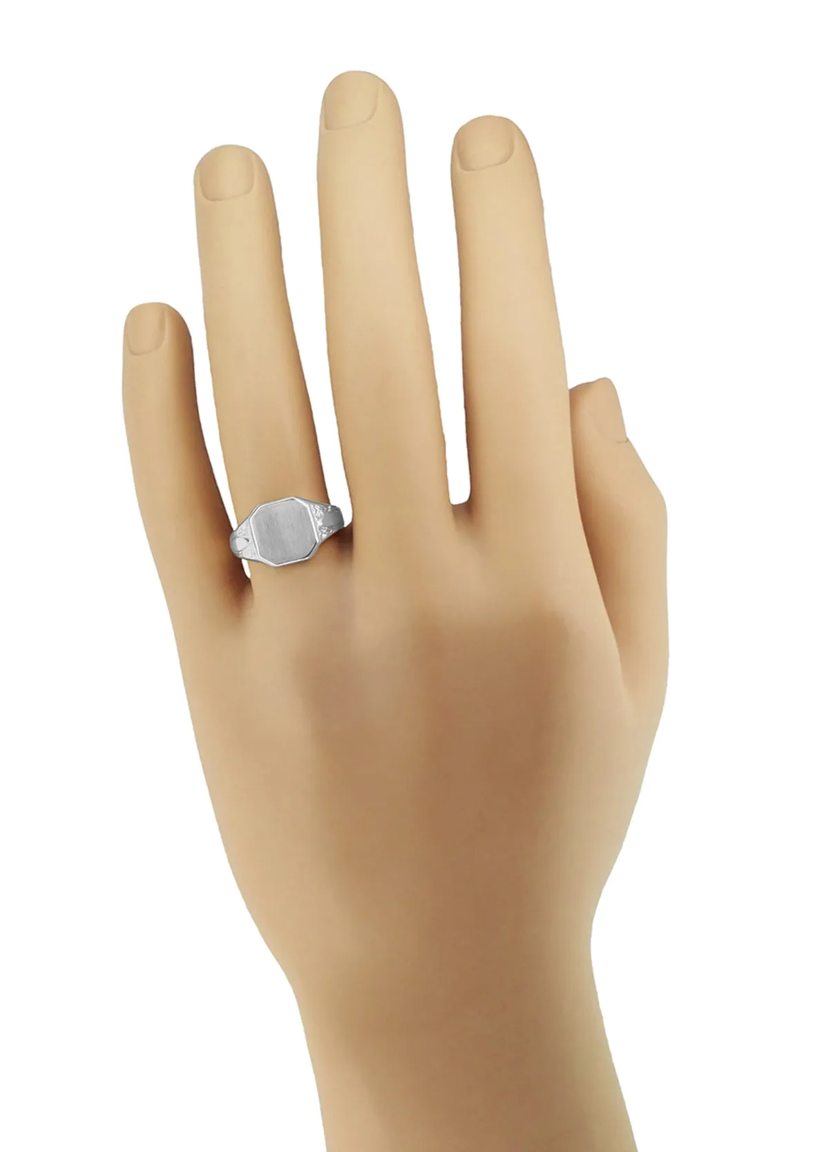 Antique Style Chased Victorian Rectangular Signet Ring in 14 Karat White Gold