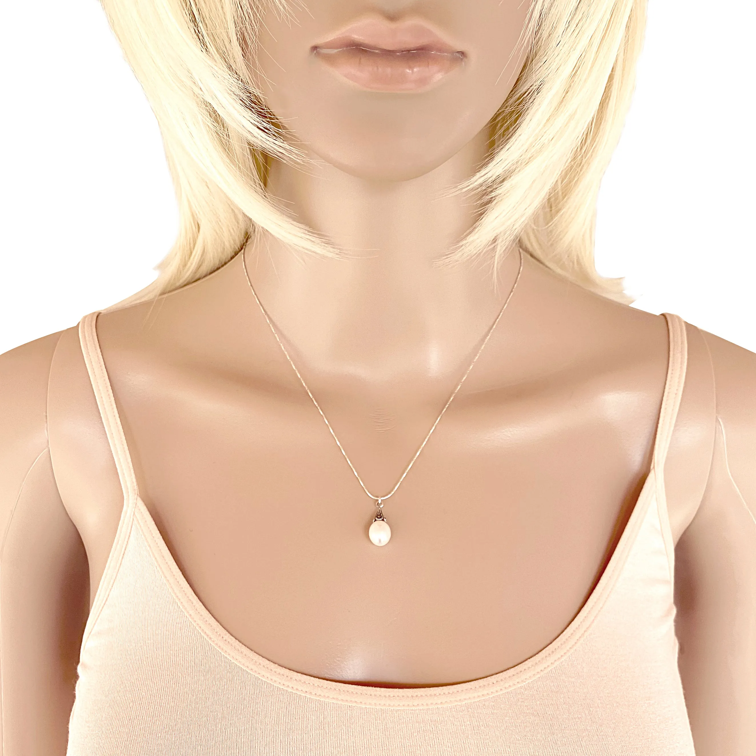 Antiqued Sterling Silver Marcasite Freshwater Pearl Pendant Delicate Chain Necklace, 18"