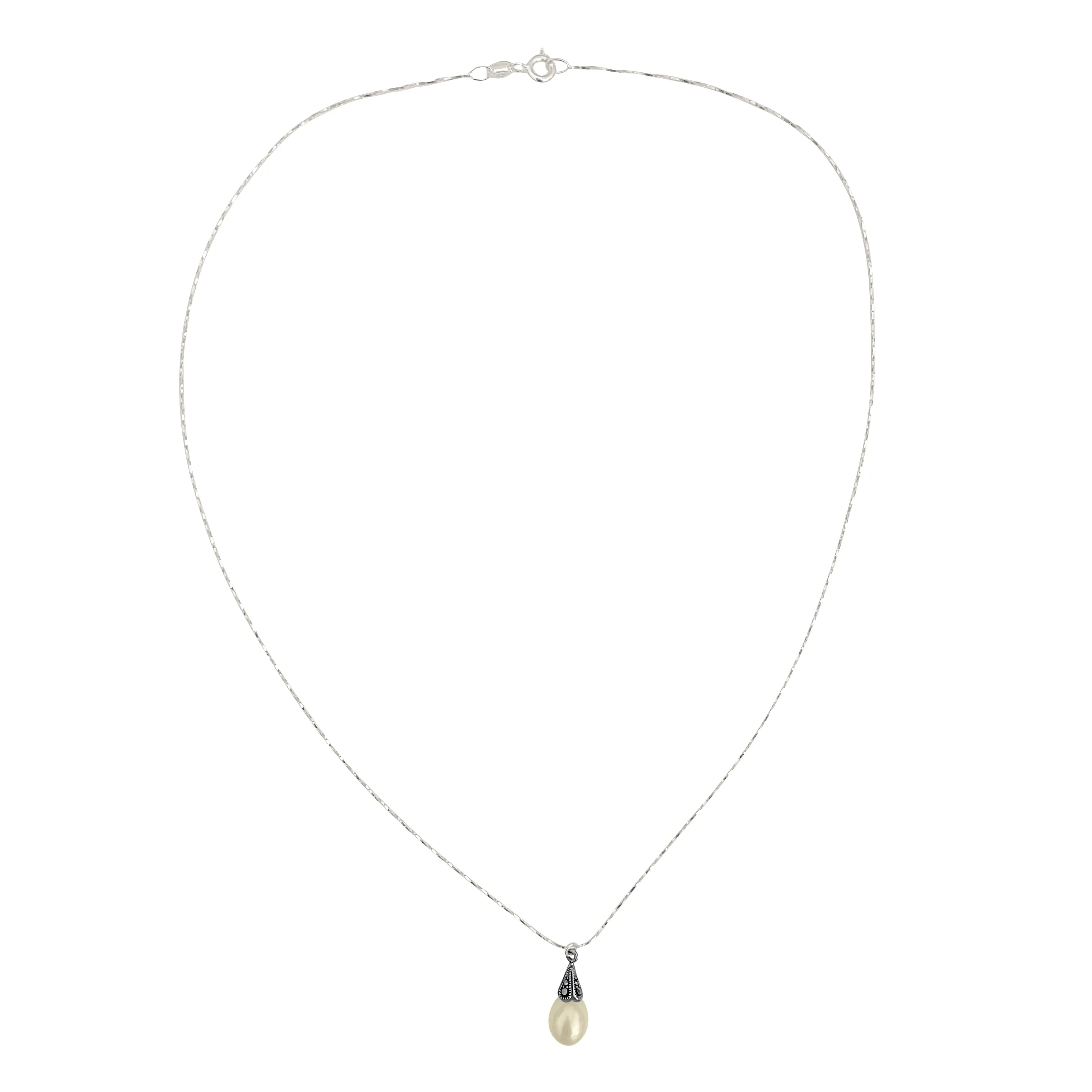 Antiqued Sterling Silver Marcasite Freshwater Pearl Pendant Delicate Chain Necklace, 18"