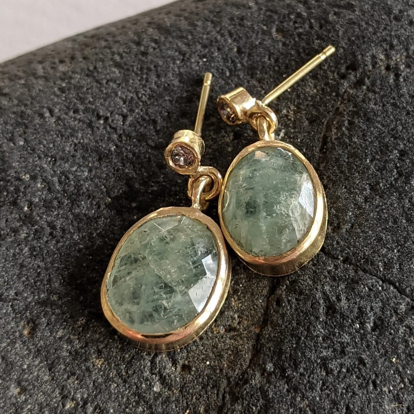 Aquamarine Rose Cut Oval with Salt and Pepper Diamond Earrings