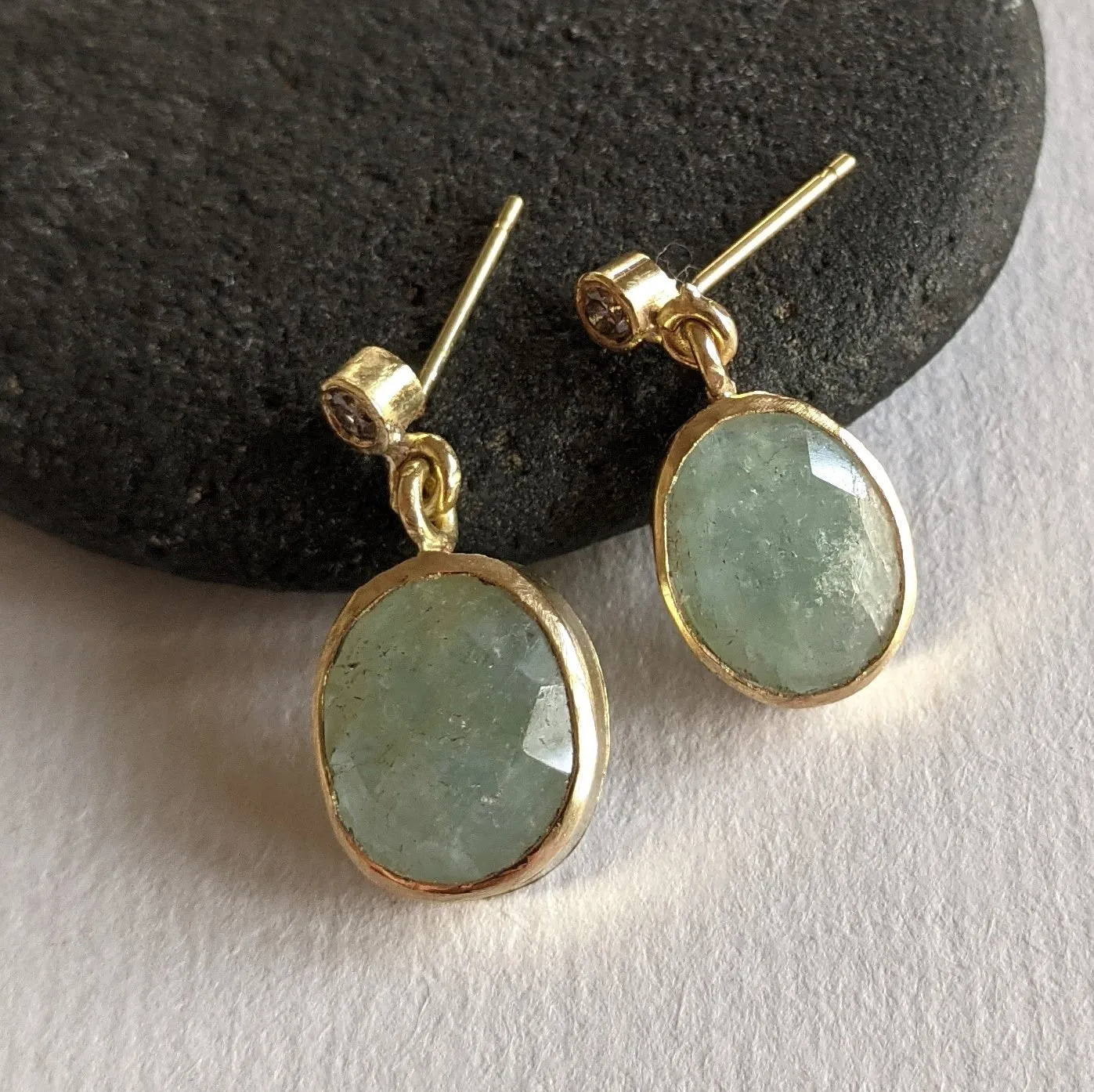Aquamarine Rose Cut Oval with Salt and Pepper Diamond Earrings